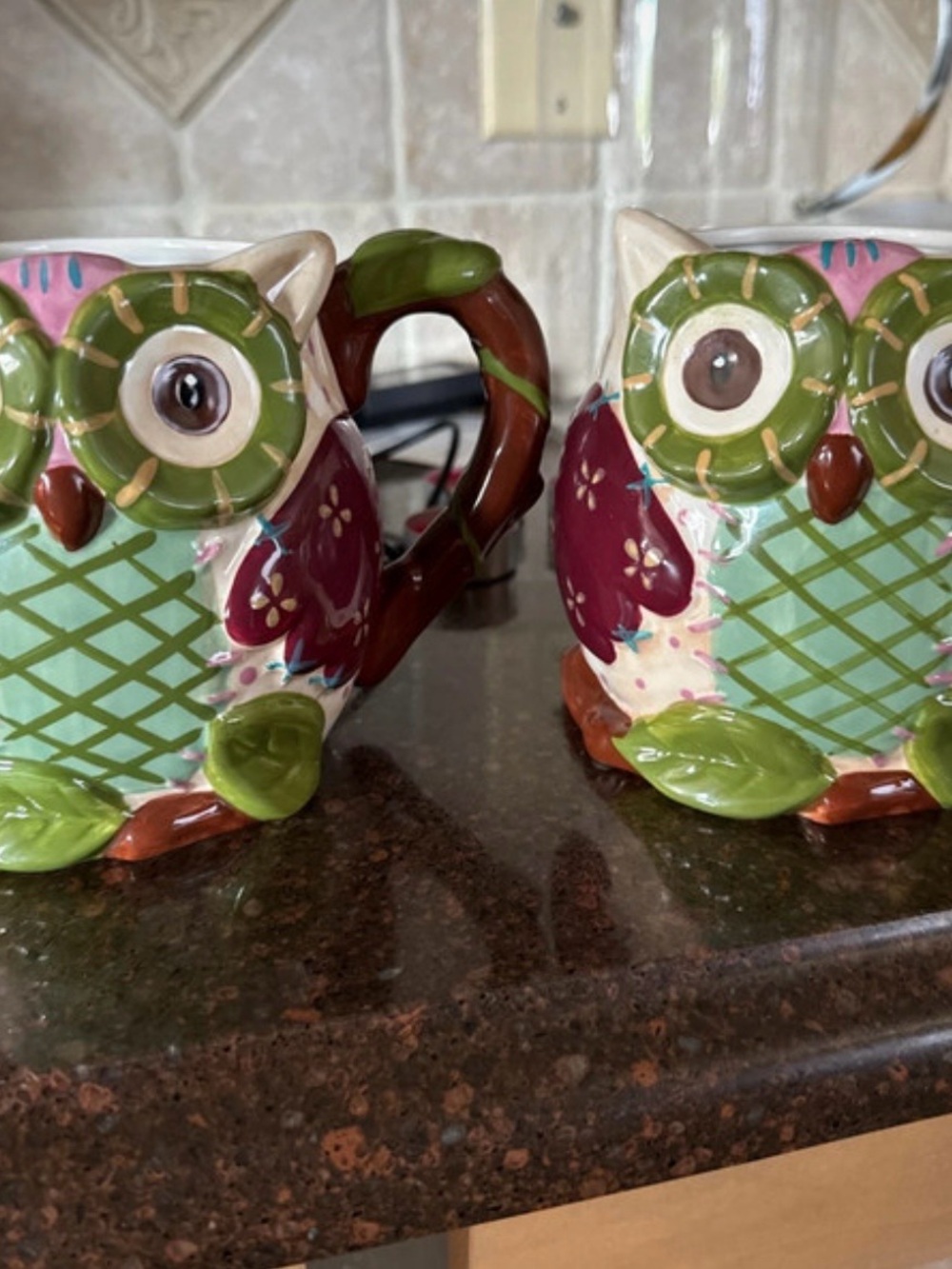Pier one Owl Mugs in Green, Pink and Brown
